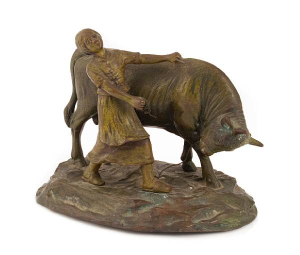 Appraisal: A Continental patinated bronze figure of a girl and bull