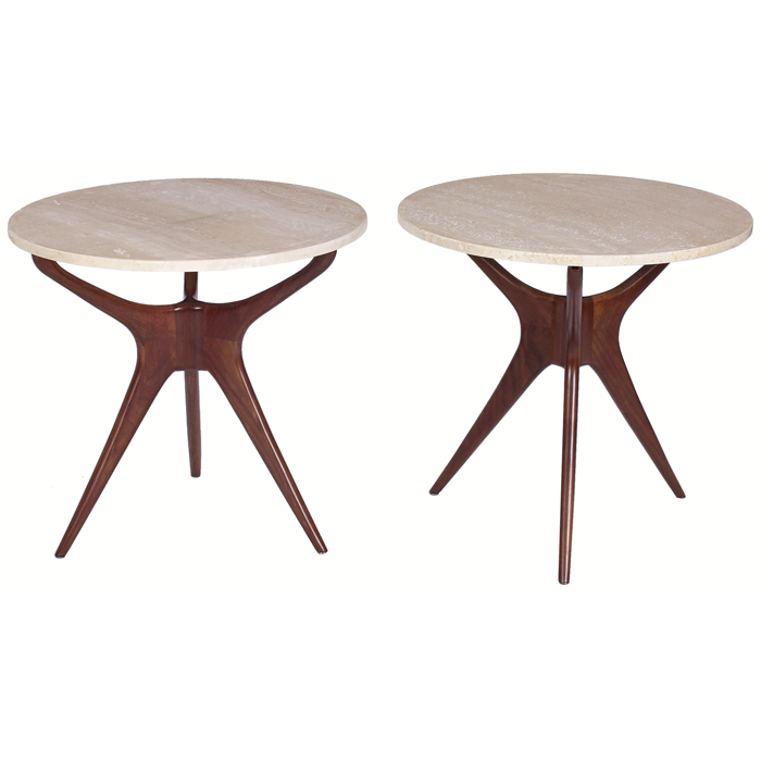 Appraisal: Vladimir Kagan side tables pair sculptural walnut bases with three