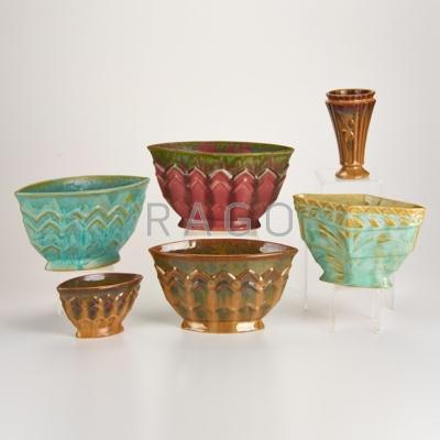 Appraisal: FULPER Six pieces Flemington NJ s Five fan vases one