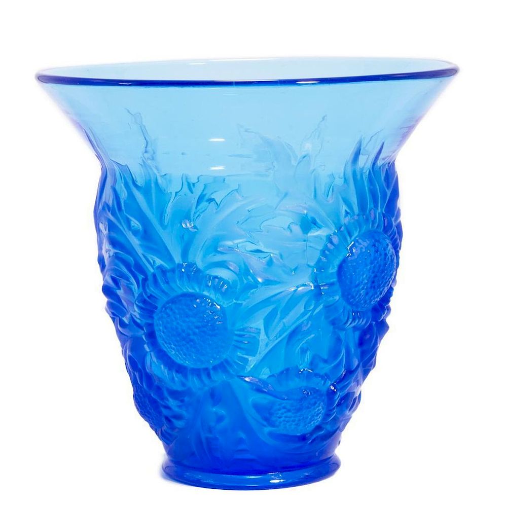 Appraisal: Blue Sunflower Vase Signed Verlye Blue Molded Glass Vase with