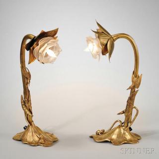 Appraisal: Pair of Art Nouveau Gold-plated Table Lamps Bronze glass Early