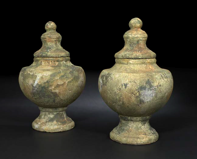 Appraisal: Large Pair of French Painted Terra Cotta Covered Garden Urns