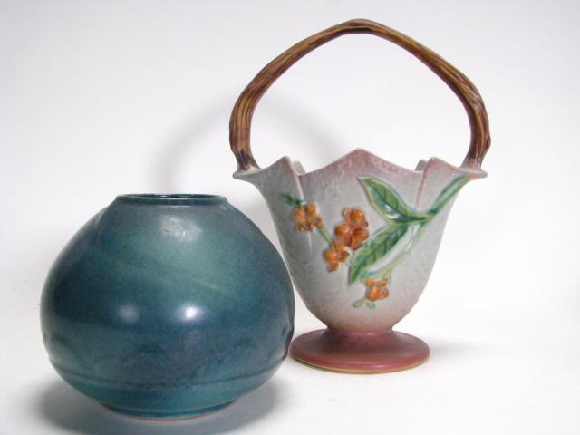 Appraisal: Roseville Pottery Bittersweet Basket - and blue green Frankoma vase