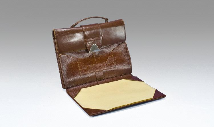 Appraisal: Leather Writing Satchel containing compartments for pens letters stamps etc