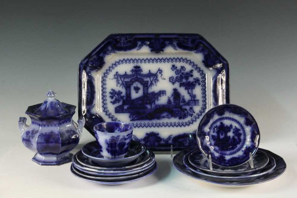 Appraisal: PCS EARLY FLOW BLUE CHINA - Including Temple Pattern Handleless