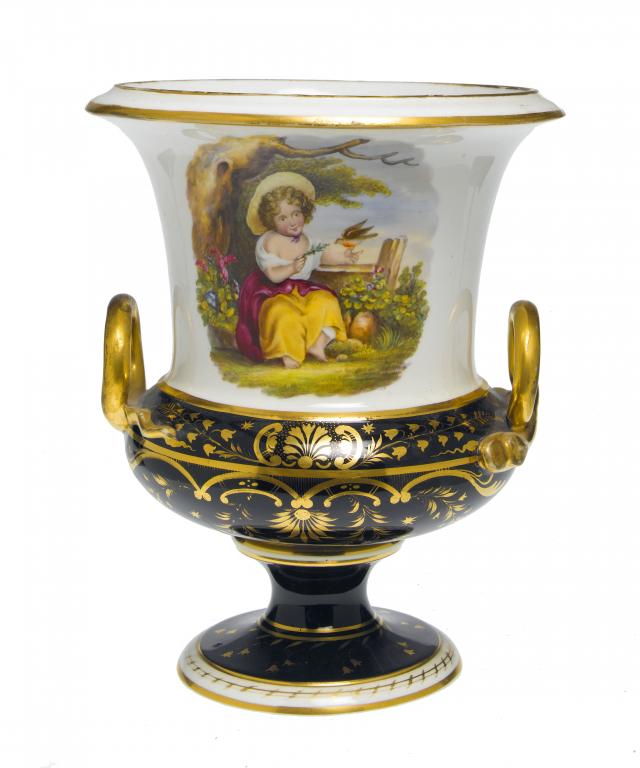 Appraisal: A DERBY VASE of campana shape with gilt serpent handles