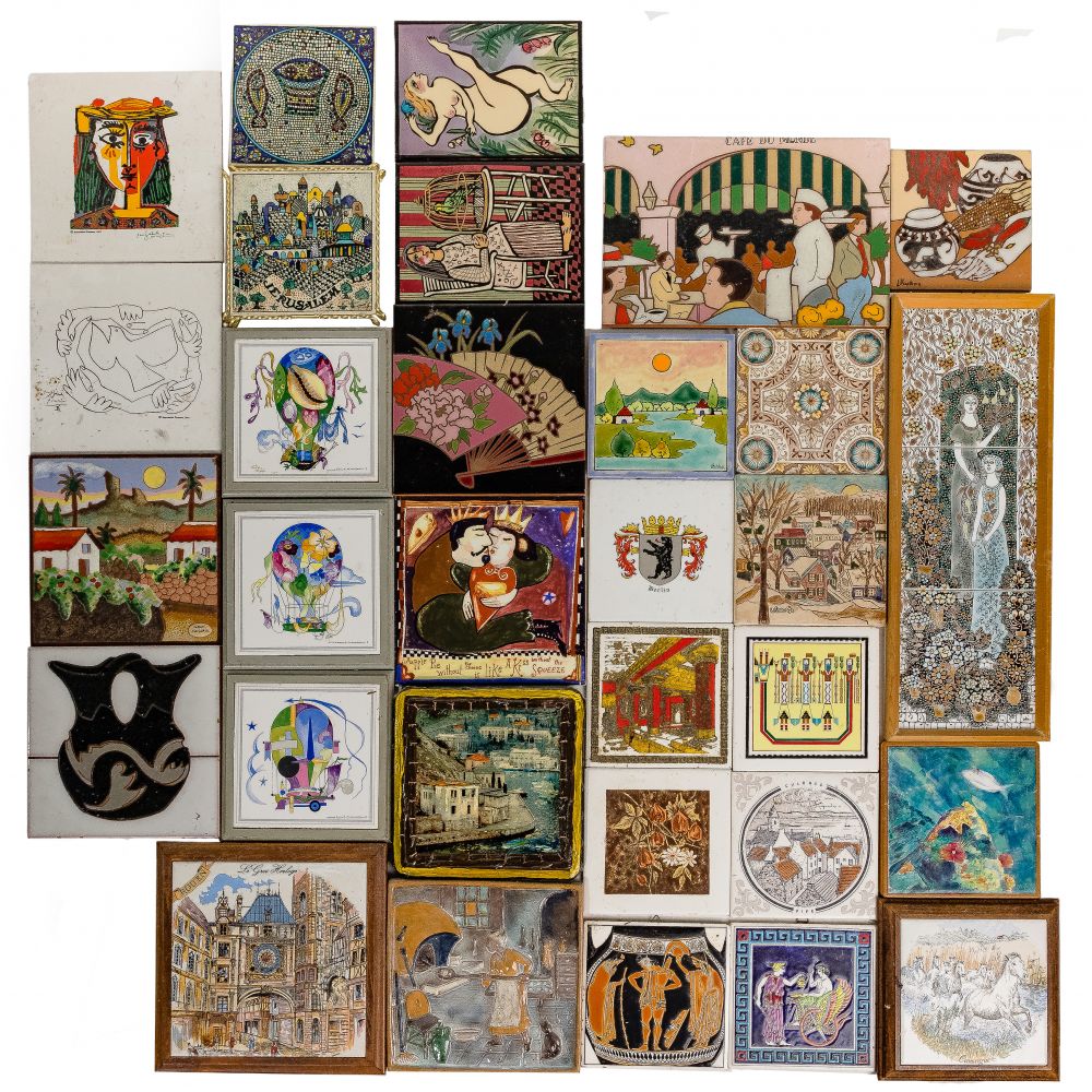 Appraisal: CERAMIC TILE ASSORTMENT hand painted items including human scenic floral