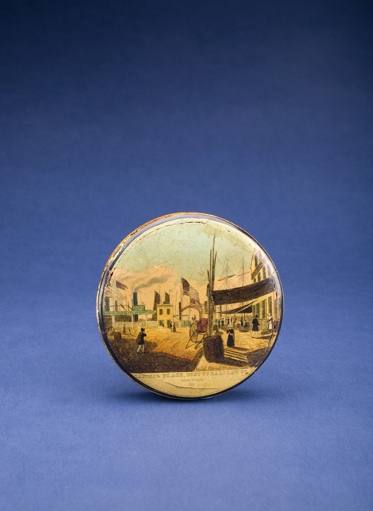 Appraisal: ENGLISH PAPIER MACHE SNUFF BOX FOR THE AMERICAN MARKET CIRCA