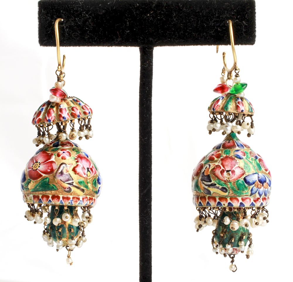 Appraisal: K Gold Qajari Persian Enamel Earrings Antique Pr Antique Qajari