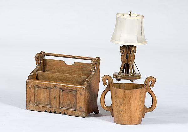 Appraisal: VIKING OAK BY ROMWEBER ACCESSORIES Includes horsehead lamp wastebasket and