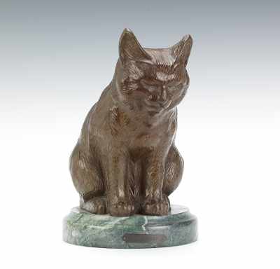 Appraisal: After Barye Bronze Seated Cat Sculpted bronze cat attached to