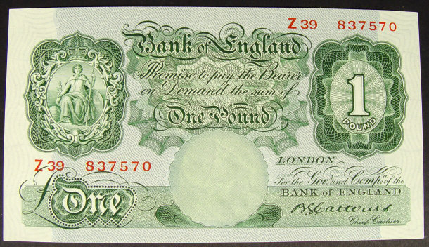 Appraisal: Bank of England one pound note signed Catterul no UNC