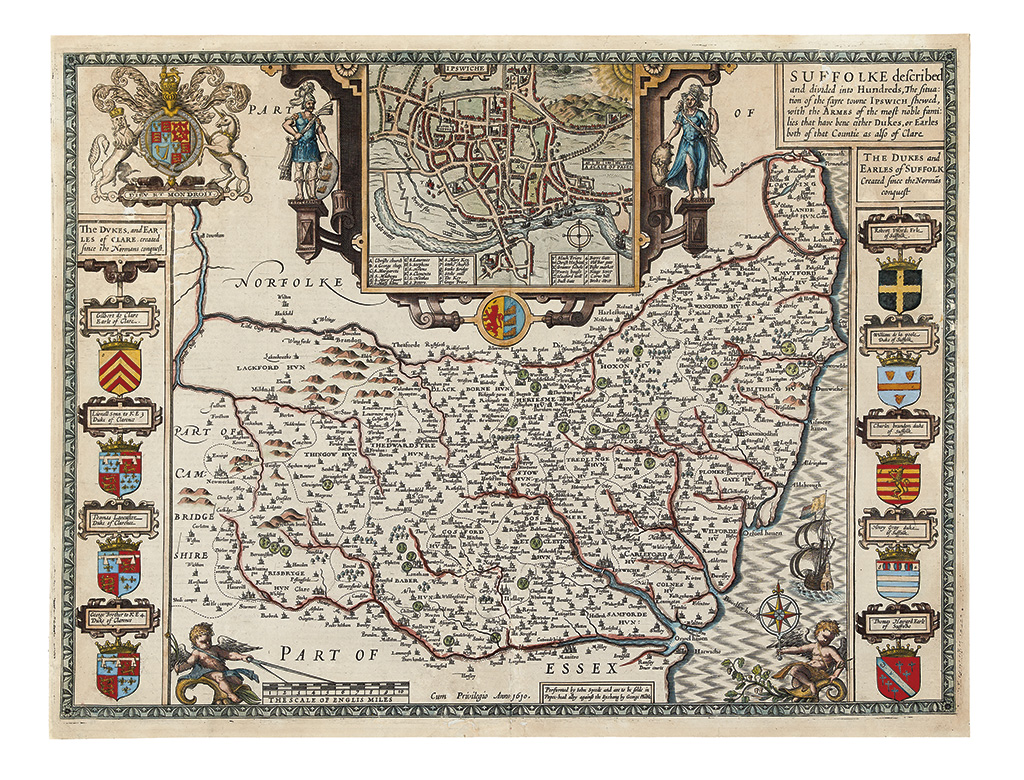 Appraisal: SPEED JOHN Suffolke Double-page engraved map with inset of Ipswiche