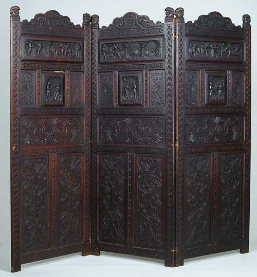 Appraisal: LARGE THREE PANEL OAK CARVED ROOM SCREEN Each front panel