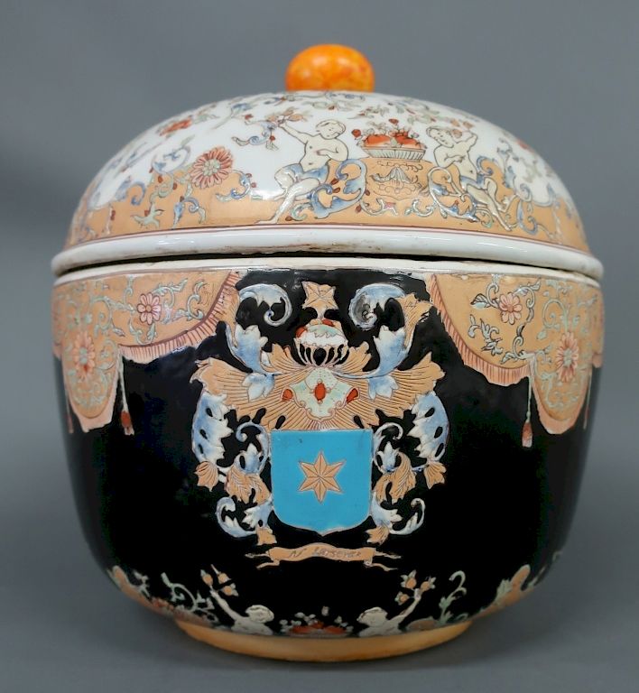 Appraisal: Asian Porcelain Covered Bowl with Armorial Crest Asian porcelain covered