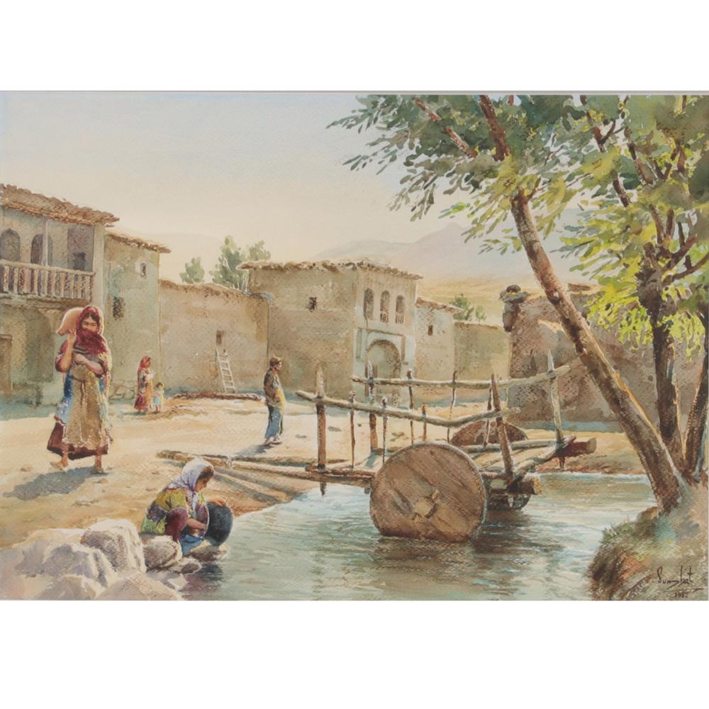 Appraisal: UNKNOWN ORIENTALIST VILLAGE SCENIC PAINTING WITH FIGURES AT THE CREEK