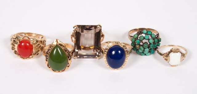 Appraisal: Five lady's K gold rings set with colored stones including