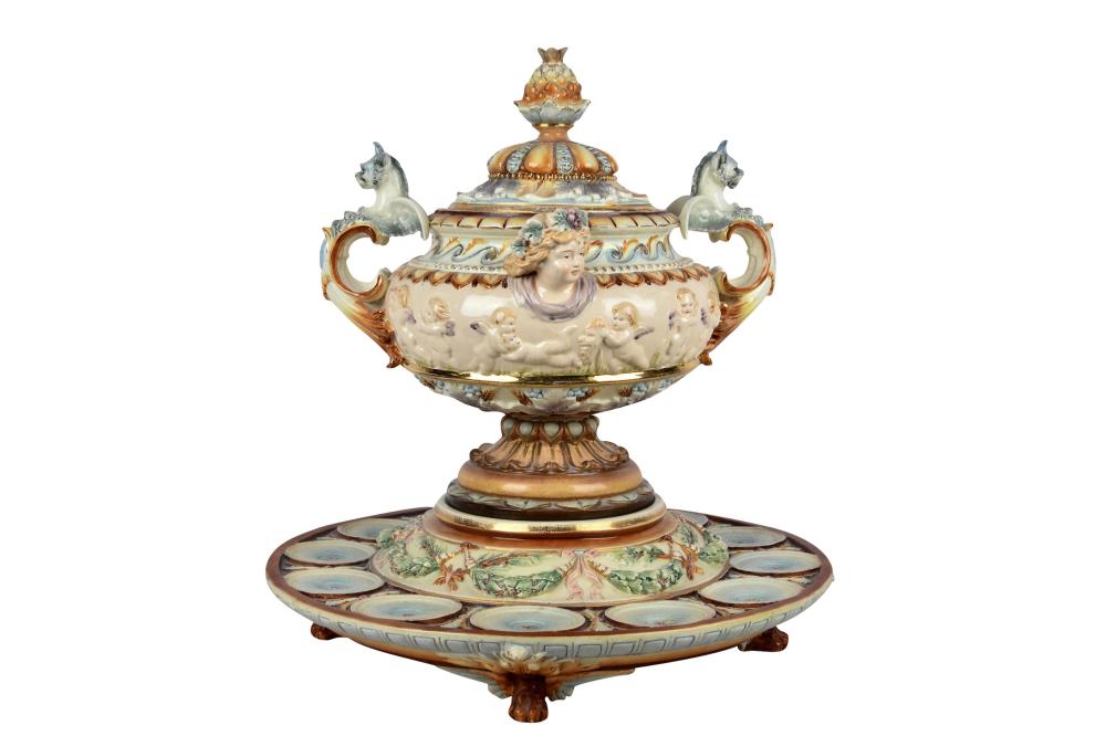 Appraisal: ITALIAN GLAZED CERAMIC TUREEN ON STANDunmarked comprising the tureen cover