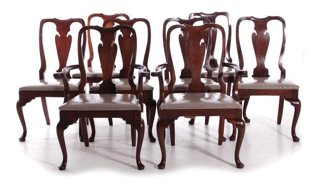 Appraisal: Queen Anne style mahogany dining chairs leather-upholstered arm and side