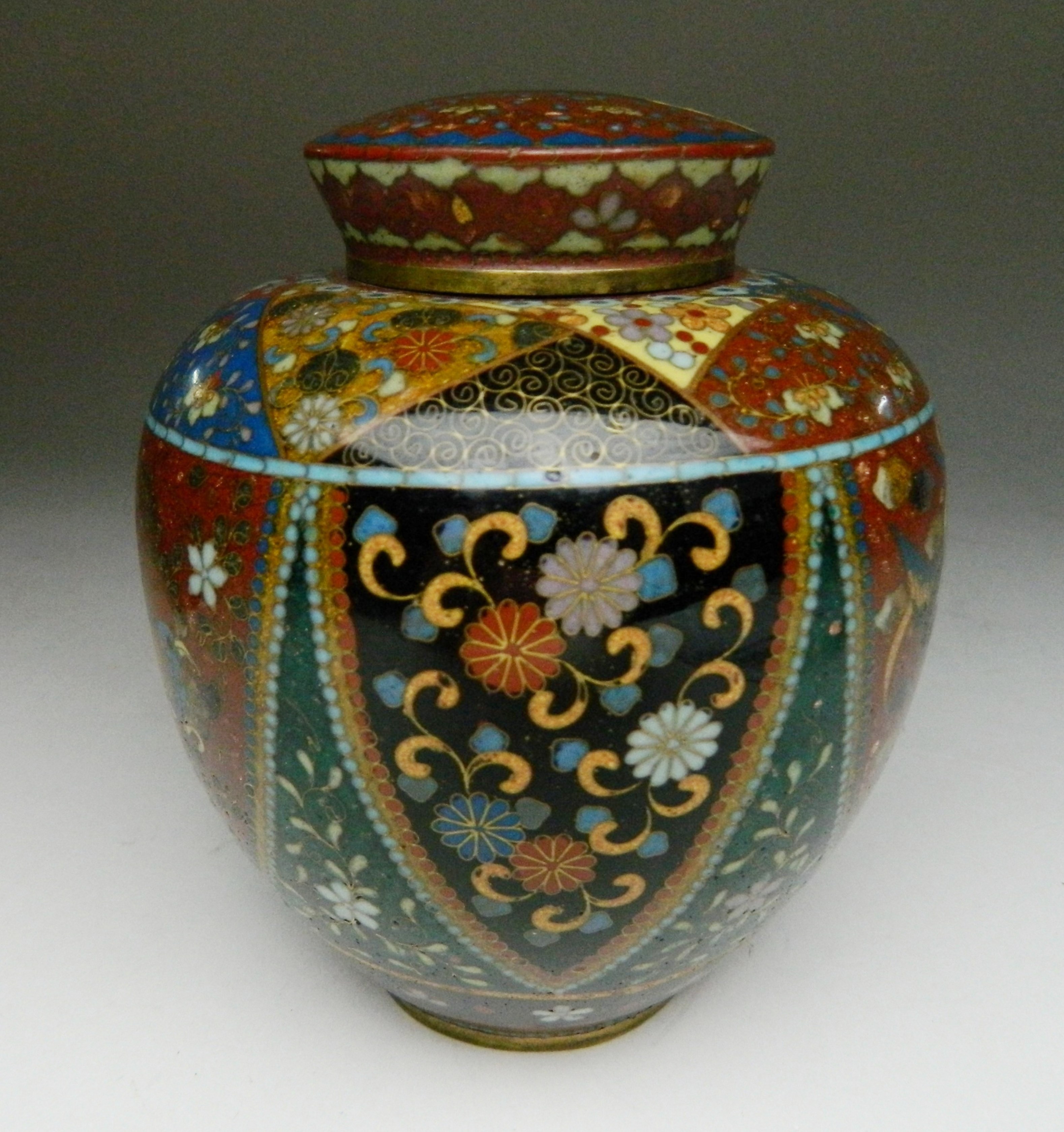 Appraisal: Japanese cloisonne jar- with cover varied patterns and colors overall