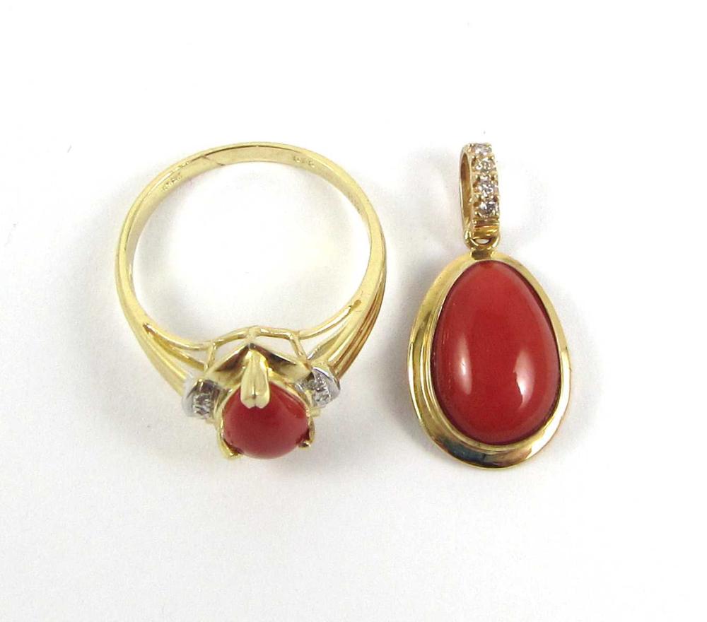 Appraisal: TWO ARTICLES OF CORAL AND DIAMOND JEWELRY including a k