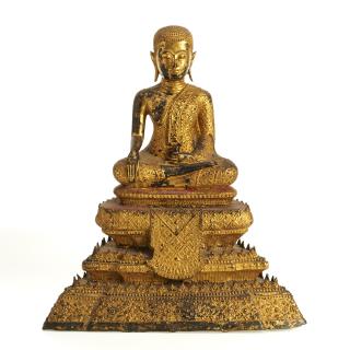 Appraisal: Southeast Asian lacquered and gilt bronze Buddha Southeast Asian lacquered