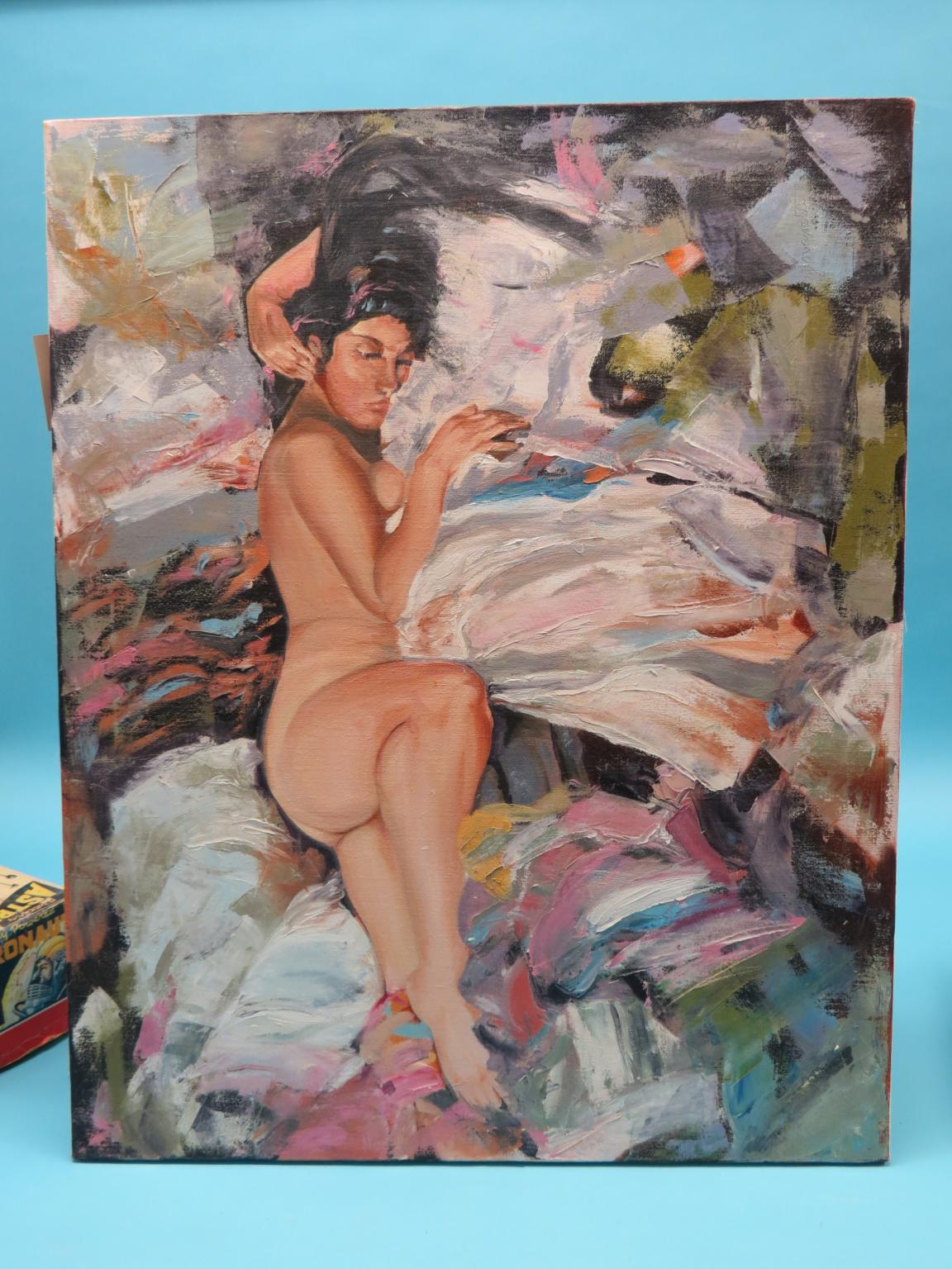 Appraisal: A frameless oil on canvas - sleeping nude female label