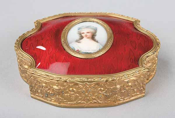 Appraisal: A French Brass and Polychrome Porcelain Oval Box the lid