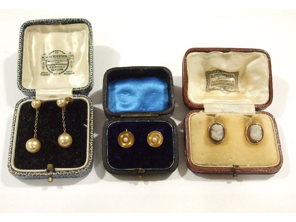 Appraisal: Three pairs of gold earrings to include paste pearl drops