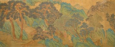 Appraisal: A Chinese scroll painting depicting figures and huts in a