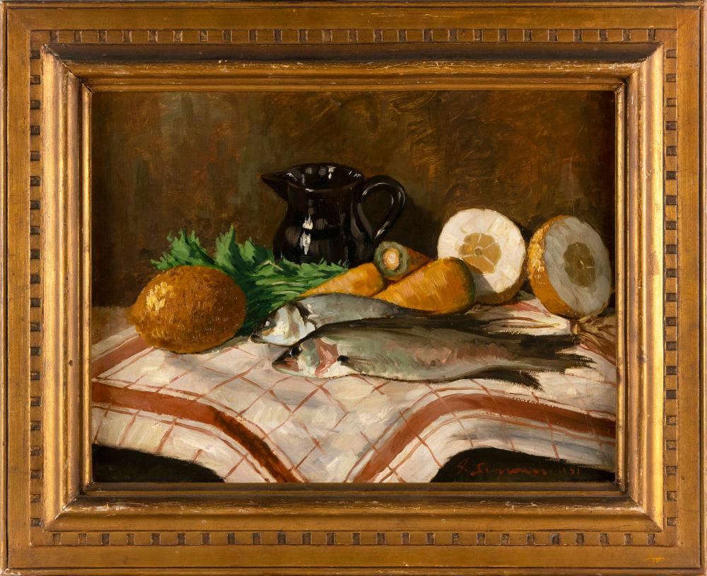 Appraisal: ANNIBALE SCARONI ITALY B TABLETOP STILL LIFE OF FISH VEGETABLES