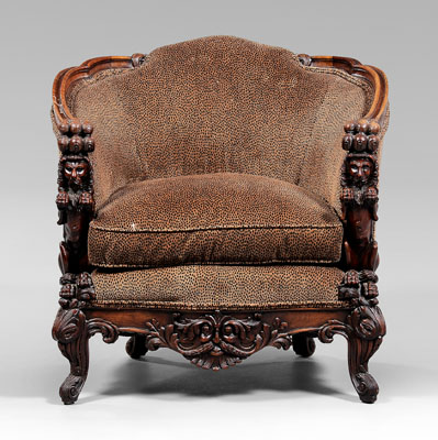 Appraisal: Baroque style lion-carved upholstered chair walnut frame with lion paw