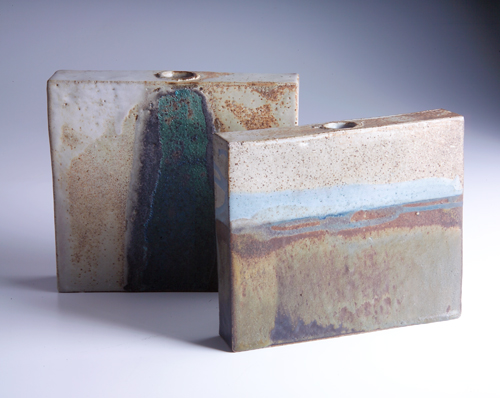 Appraisal: WILLIAM WYMAN Two rectangular vessels and with polychrome glaze patterns