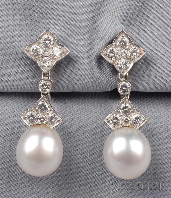 Appraisal: Platinum Cultured Pearl and Diamond Earpendants Cartier each full-cut diamond