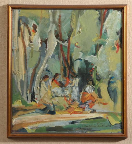 Appraisal: EVANGELINE GILCHRIST American - GATHERING BY THE TREES signed lower