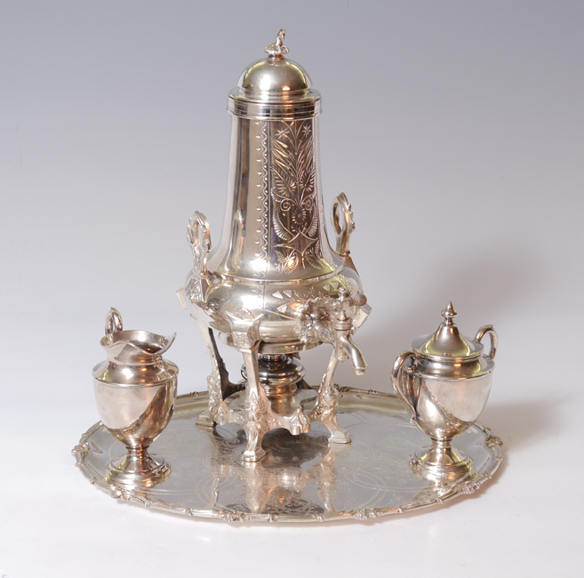 Appraisal: SILVERPLATE SAMOVAR TRAY WITH STERLING CREAMER SUGAR pieces total to