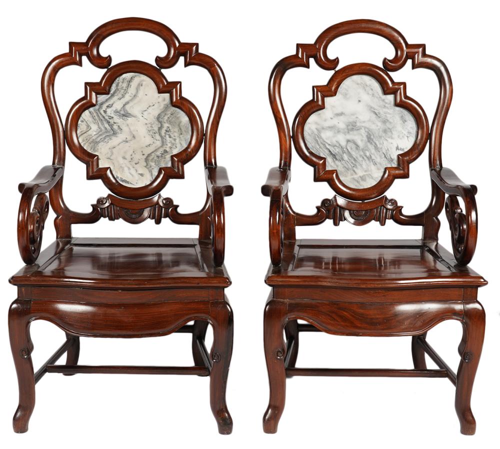 Appraisal: CHINESE HARDWOOD CHAIRS WITH DREAM-STONE INSERTS Chinese hardwood intricately carved