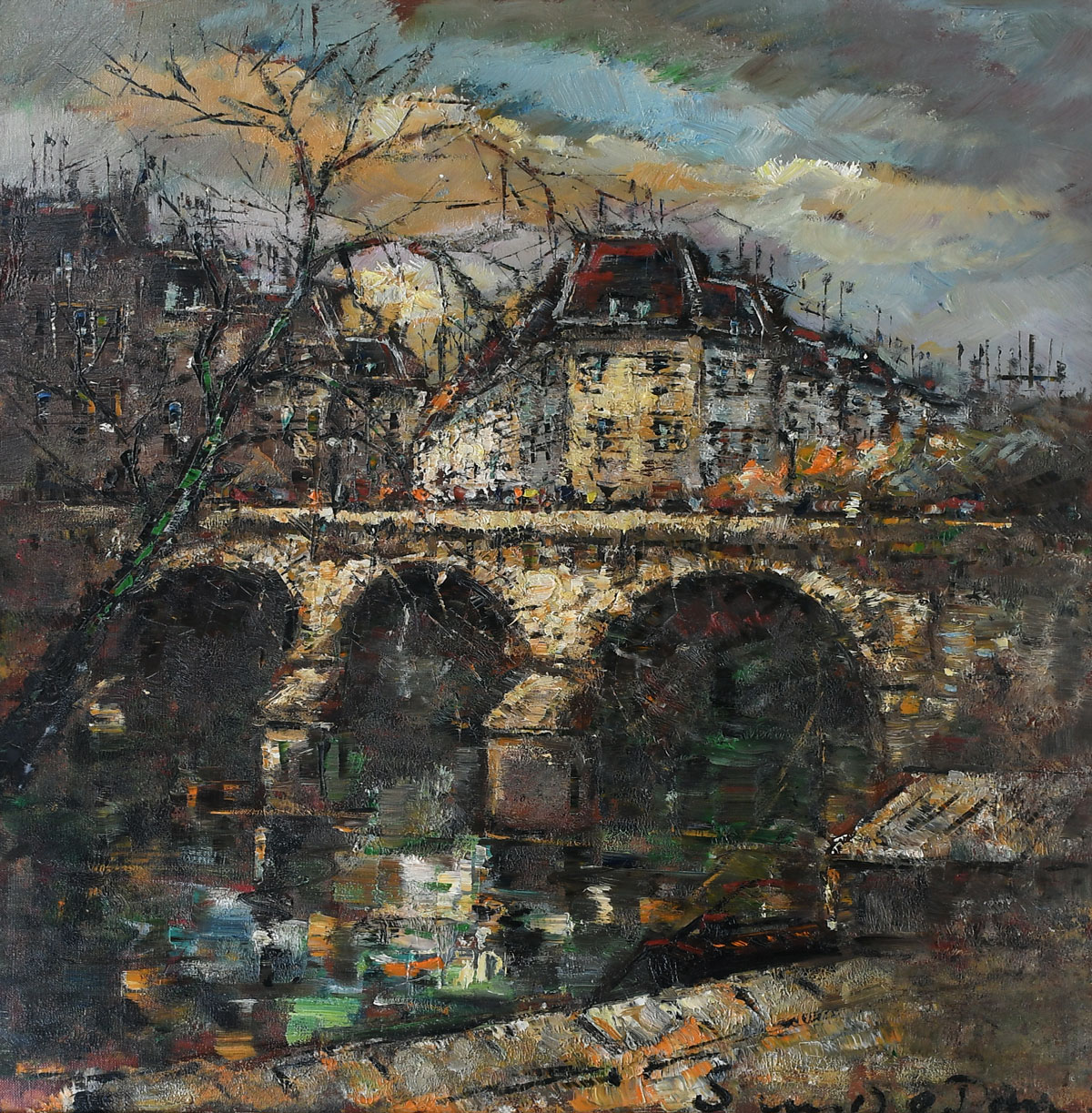 Appraisal: LARGE HEAVY IMPASTO ILLEGIBLY SIGNED PARIS PAINTING View of the