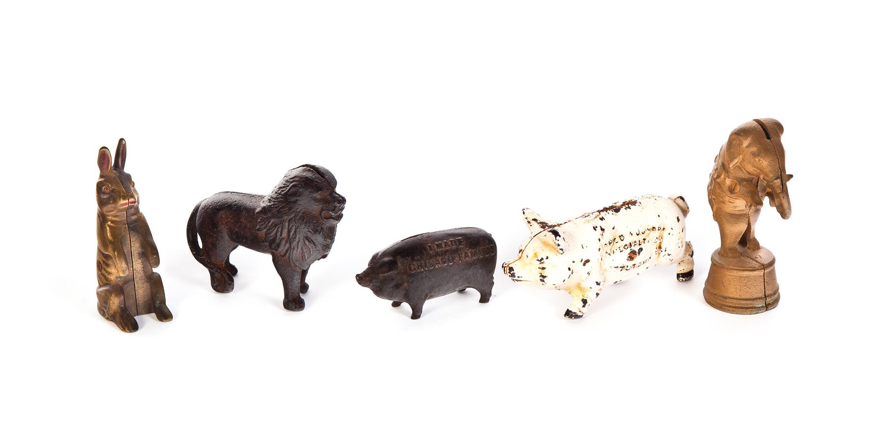 Appraisal: FIVE ANIMAL BANKS American th century Two cast iron pig