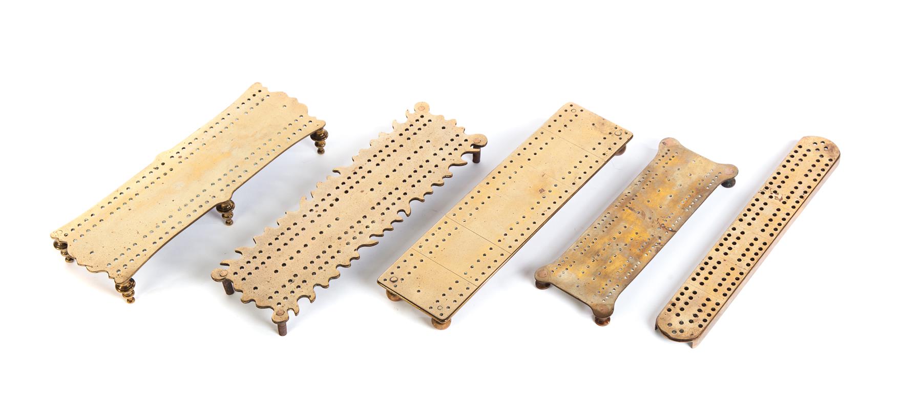 Appraisal: FIVE BRASS CRIBBAGE BOARDS England late th century Four are