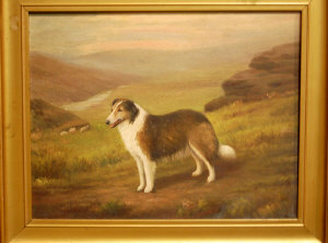 Appraisal: H Crowther - Collie dog in a hillside landscape oil