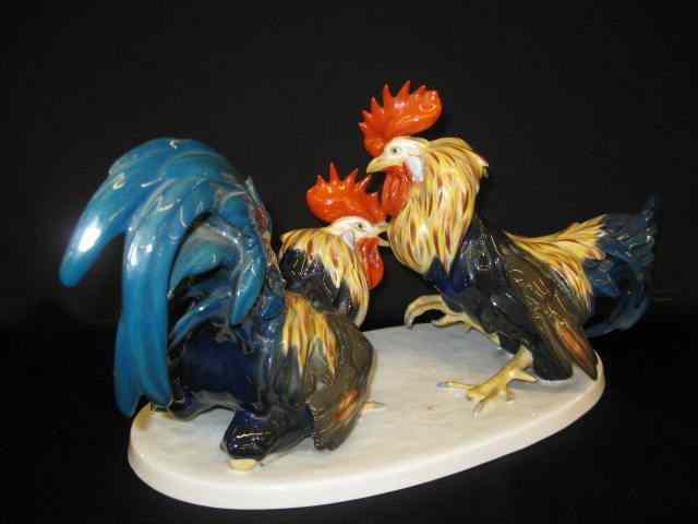 Appraisal: Rosenthal Porcelain Figurine of Fighting Roostersby J Feldtmann '' across