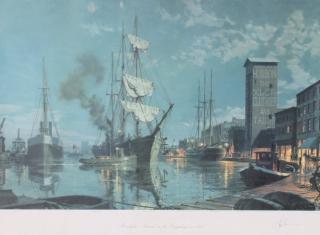 Appraisal: John Stobart Cleveland Moonlight on the Cuyahoga Offset Lithograph Print