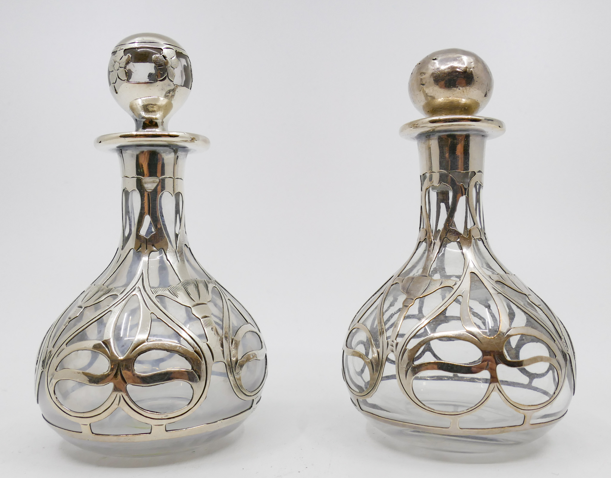 Appraisal: Pair Antique Sterling Overlay Small Perfume Bottles ''