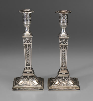 Appraisal: Pair George III Silver Candlesticks English urn sockets bellflower and