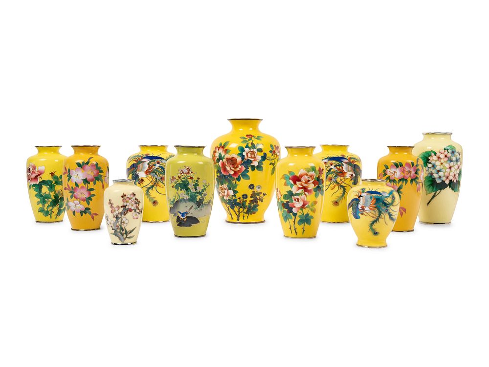 Appraisal: Japanese Yellow Ground Cloisonne Enamel and Embossed Foil 'Ginbari' Vases