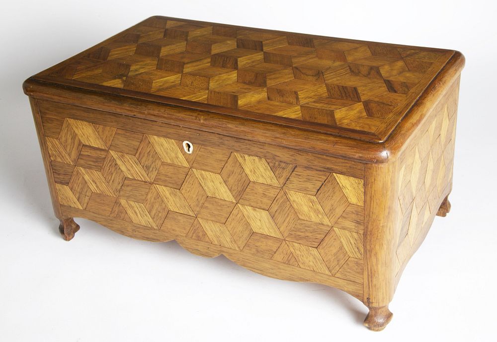 Appraisal: Geometric Tumbling Block Parquetry Inlaid Sewing Box th c th