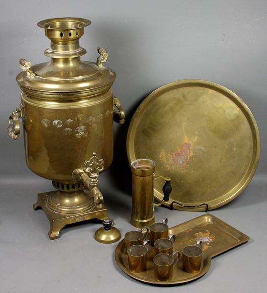 Appraisal: th Century Russian brass samovar large size having trays and