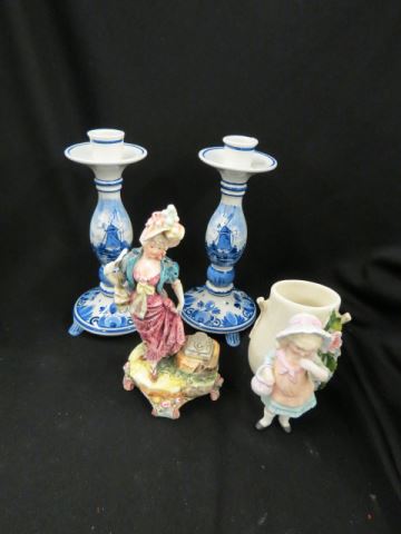 Appraisal: pc Estate Lot Delft candlesticks figural vase Majolica lady repair