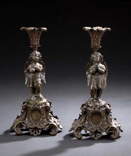 Appraisal: Pair of Napoleon III Bronze-Patinated Brass and Bronze Cherubim Candlesticks